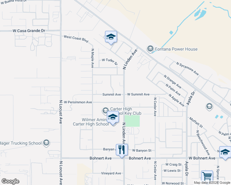 map of restaurants, bars, coffee shops, grocery stores, and more near 1558 Summit Avenue in Rialto