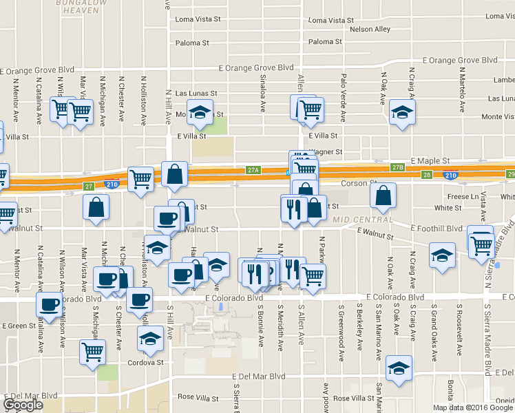 map of restaurants, bars, coffee shops, grocery stores, and more near 1671 Locust Street in Pasadena