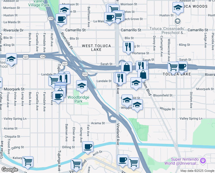 map of restaurants, bars, coffee shops, grocery stores, and more near 11035 Moorpark Street in Los Angeles