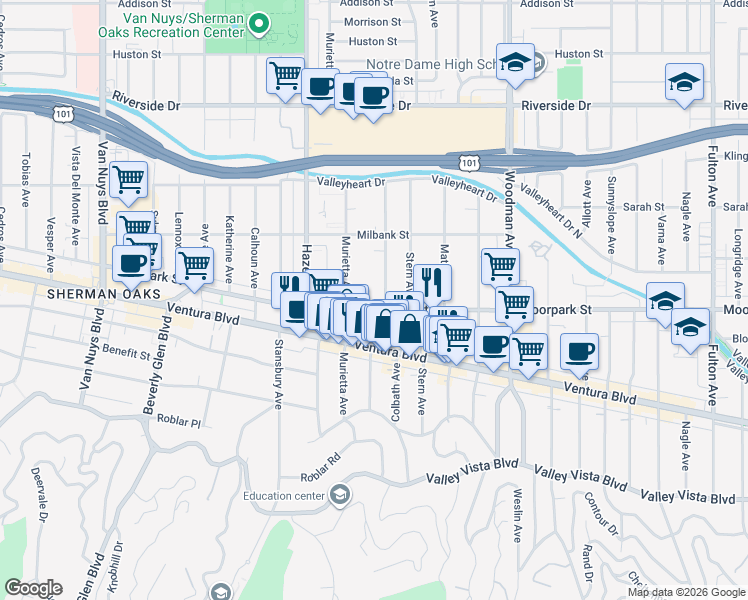 map of restaurants, bars, coffee shops, grocery stores, and more near 13951 Moorpark Street in Los Angeles