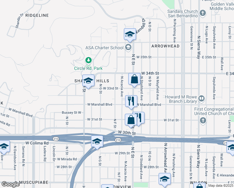 map of restaurants, bars, coffee shops, grocery stores, and more near in San Bernardino