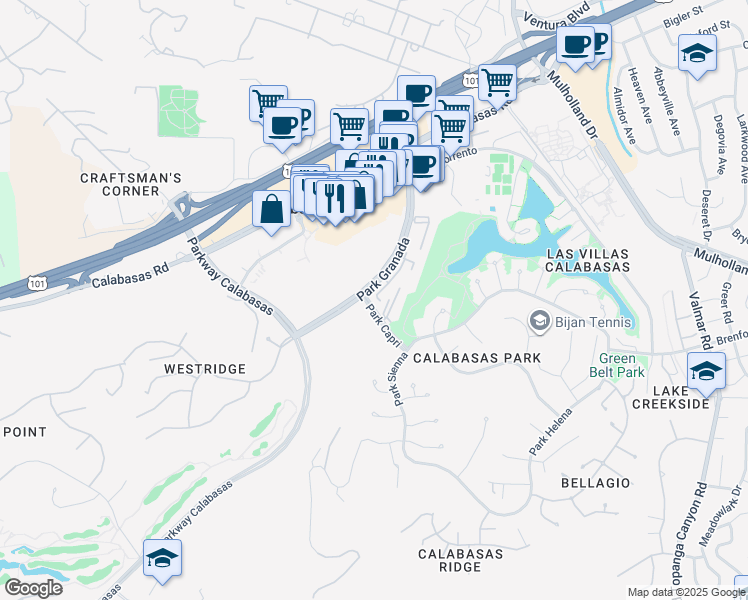 map of restaurants, bars, coffee shops, grocery stores, and more near 4608 Park Granada in Calabasas