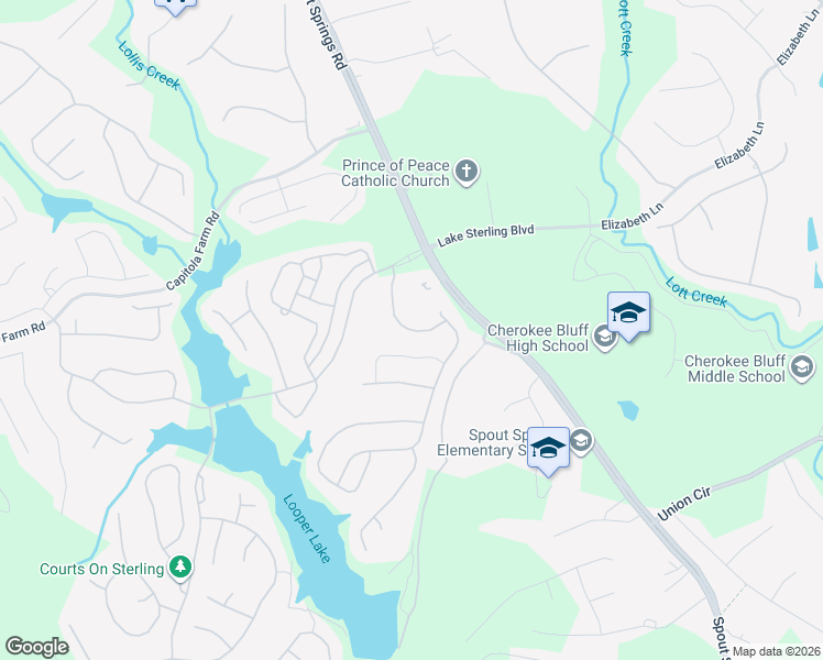 map of restaurants, bars, coffee shops, grocery stores, and more near 6754 Blue Heron Way in Flowery Branch