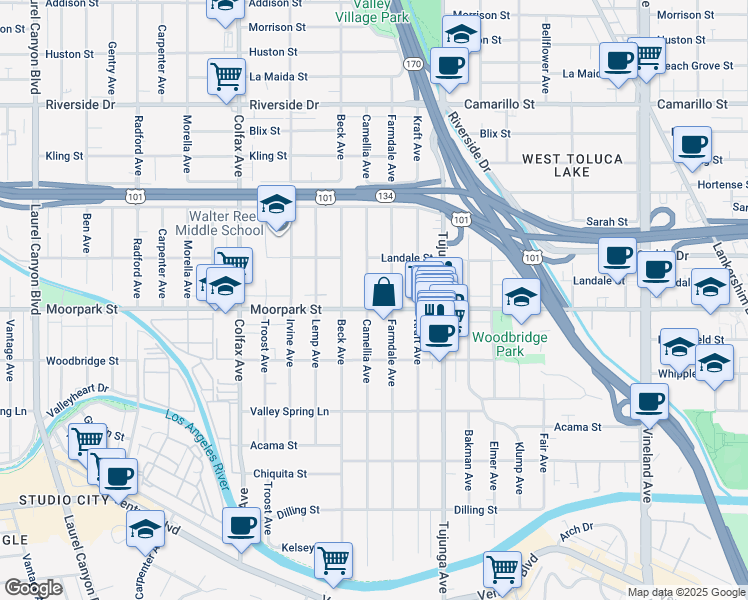 map of restaurants, bars, coffee shops, grocery stores, and more near 11485 Moorpark Street in Los Angeles
