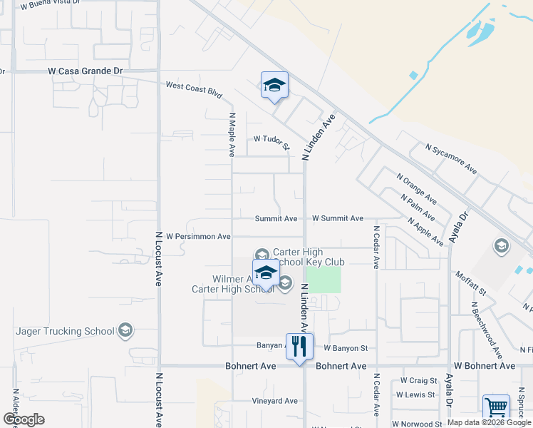 map of restaurants, bars, coffee shops, grocery stores, and more near 1620 Summit Avenue in Rialto