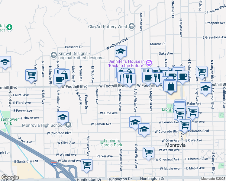 map of restaurants, bars, coffee shops, grocery stores, and more near 541 Linwood Avenue in Monrovia
