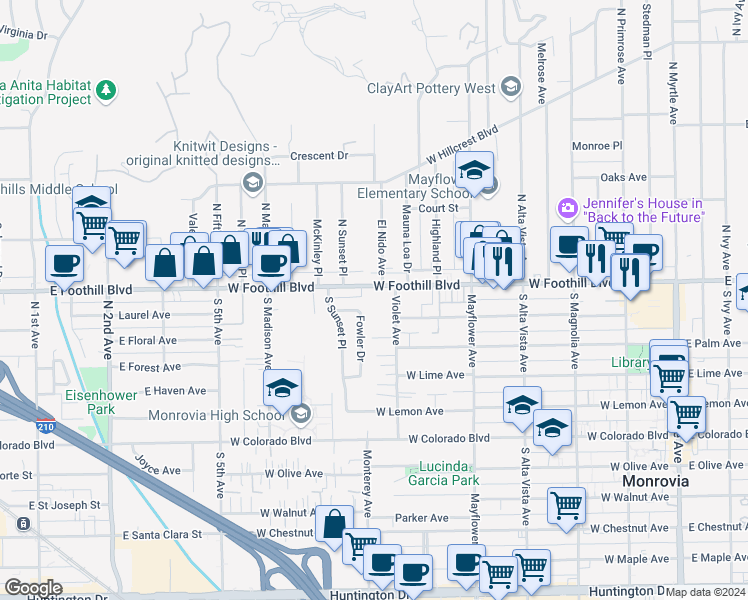 map of restaurants, bars, coffee shops, grocery stores, and more near 144 Fowler Drive in Monrovia
