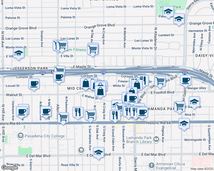 map of restaurants, bars, coffee shops, grocery stores, and more near 2183 White Street in Pasadena