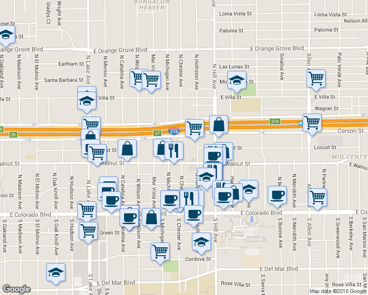map of restaurants, bars, coffee shops, grocery stores, and more near 259 North Holliston Avenue in Pasadena