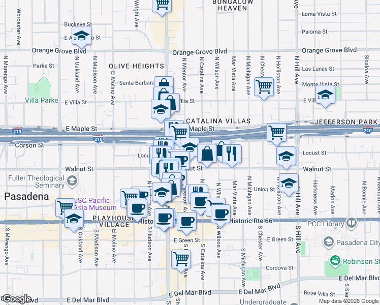 map of restaurants, bars, coffee shops, grocery stores, and more near 955 Locust Street in Pasadena