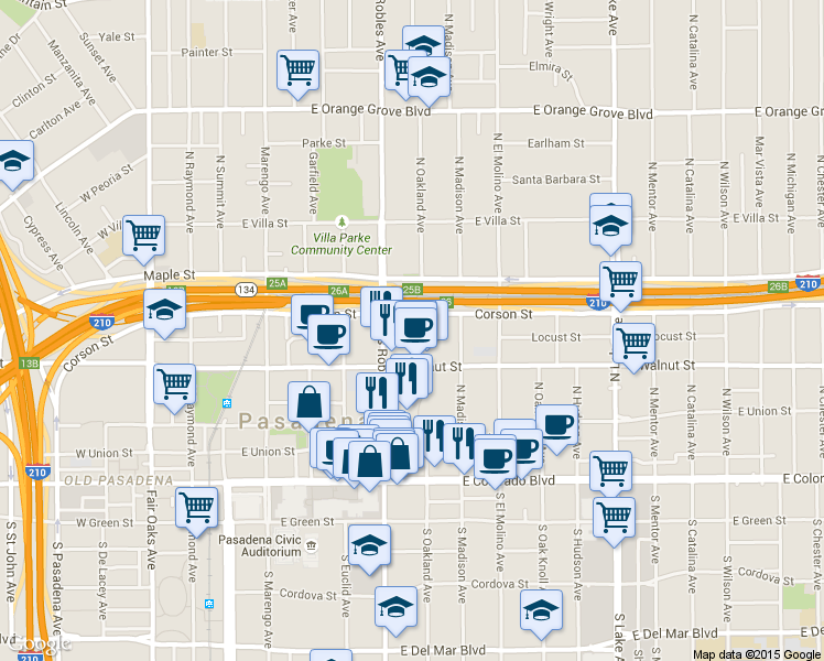 map of restaurants, bars, coffee shops, grocery stores, and more near 265 North Oakland Avenue in Pasadena
