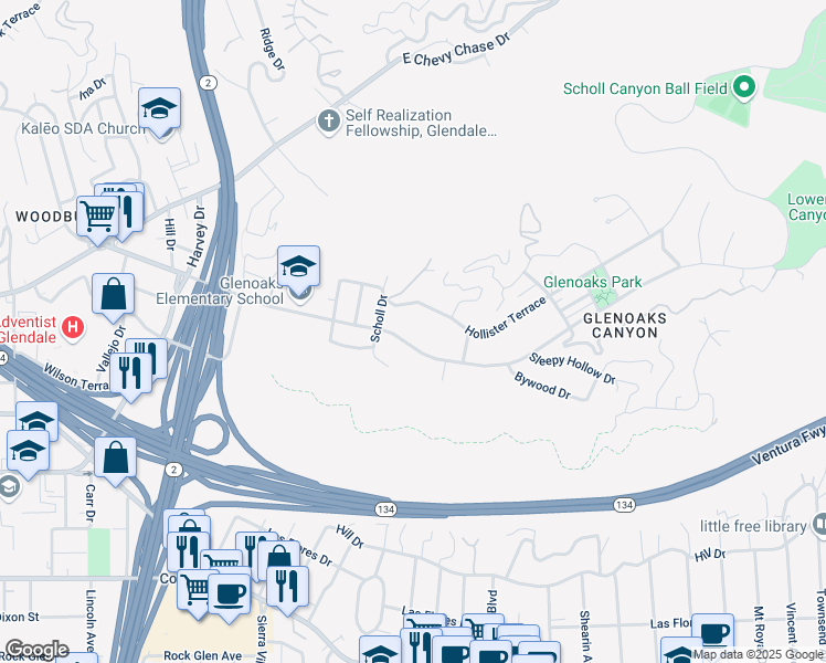 map of restaurants, bars, coffee shops, grocery stores, and more near 2245 East Glenoaks Boulevard in Glendale