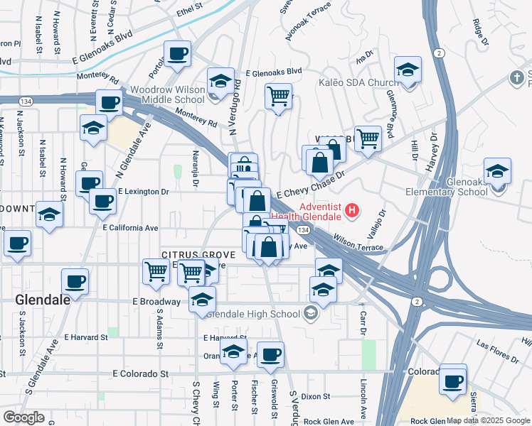 map of restaurants, bars, coffee shops, grocery stores, and more near 320 North Verdugo Road in Glendale