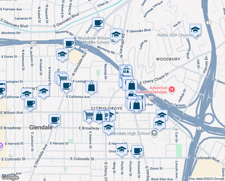 map of restaurants, bars, coffee shops, grocery stores, and more near 320 McHenry Road in Glendale