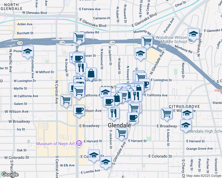 map of restaurants, bars, coffee shops, grocery stores, and more near in Glendale