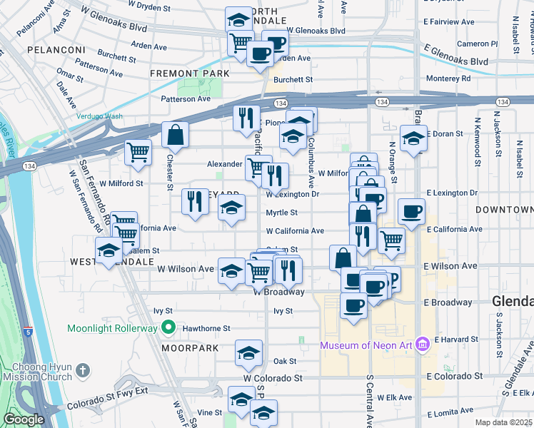 map of restaurants, bars, coffee shops, grocery stores, and more near 312 North Pacific Avenue in Glendale