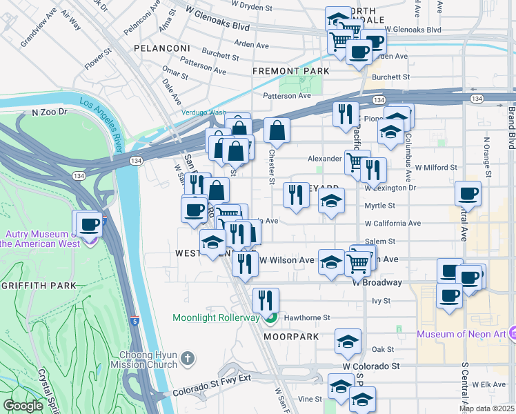 map of restaurants, bars, coffee shops, grocery stores, and more near 324 Concord Street in Glendale