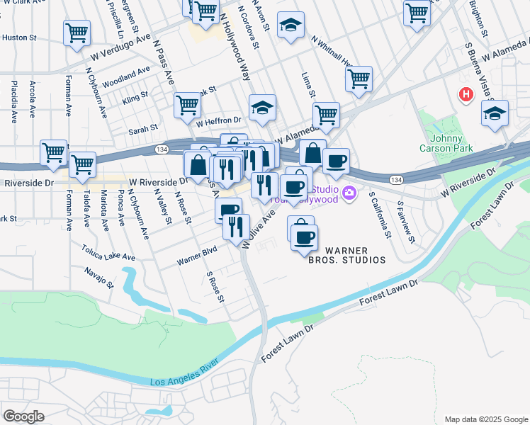 map of restaurants, bars, coffee shops, grocery stores, and more near 3827 West Olive Avenue in Burbank