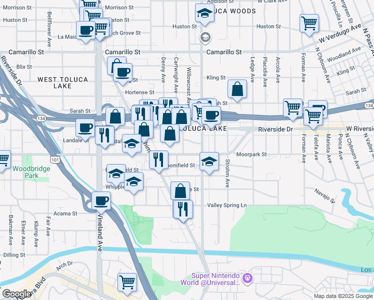 map of restaurants, bars, coffee shops, grocery stores, and more near 10659 Moorpark Street in Los Angeles