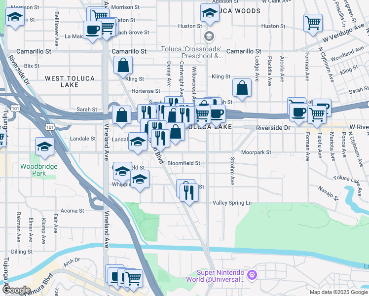 map of restaurants, bars, coffee shops, grocery stores, and more near 10659 Moorpark Street in Los Angeles