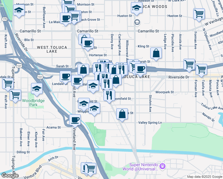 map of restaurants, bars, coffee shops, grocery stores, and more near 10740 Moorpark Street in Los Angeles