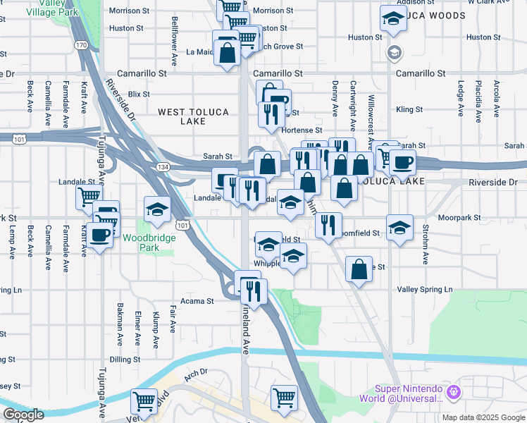 map of restaurants, bars, coffee shops, grocery stores, and more near 10945 Moorpark Street in Los Angeles