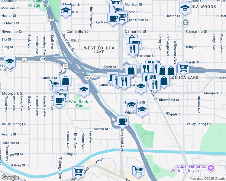 map of restaurants, bars, coffee shops, grocery stores, and more near 4404 Ensign Avenue in Los Angeles