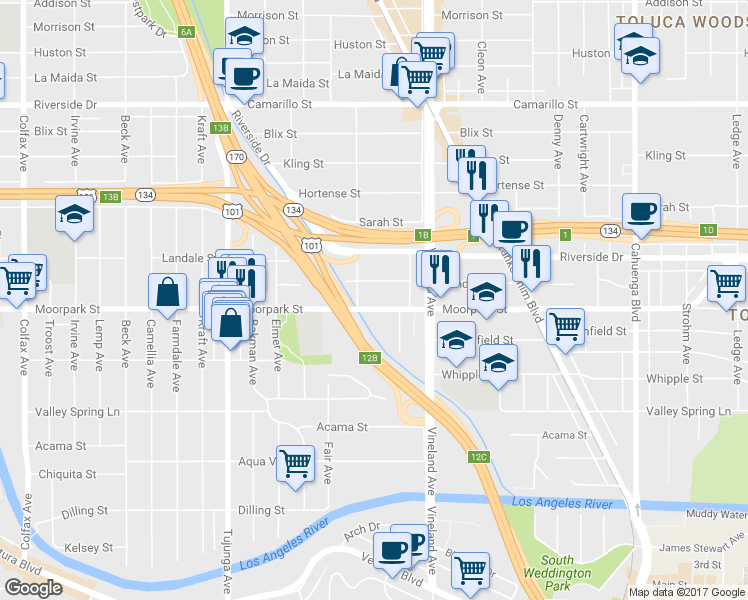 map of restaurants, bars, coffee shops, grocery stores, and more near 11113 Moorpark Street in Los Angeles