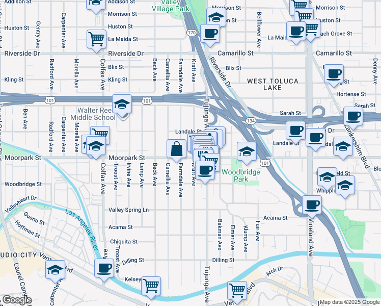 map of restaurants, bars, coffee shops, grocery stores, and more near 4413 Tujunga Avenue in Los Angeles