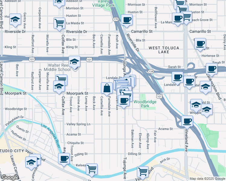 map of restaurants, bars, coffee shops, grocery stores, and more near 4413 Tujunga Avenue in Los Angeles