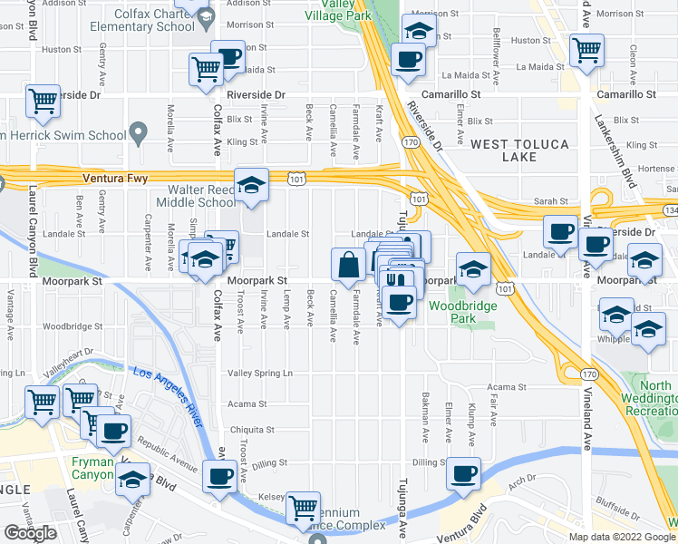 map of restaurants, bars, coffee shops, grocery stores, and more near 11469 Moorpark Street in Los Angeles