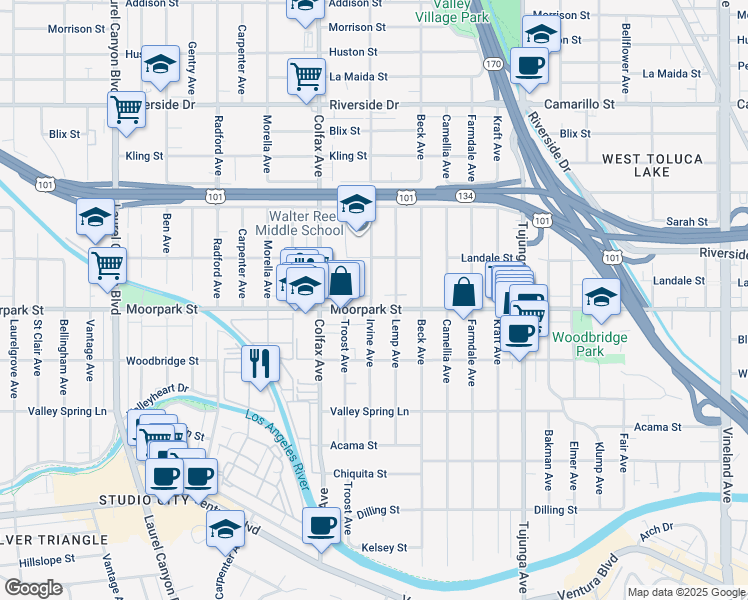 map of restaurants, bars, coffee shops, grocery stores, and more near 11611 Moorpark Street in Los Angeles