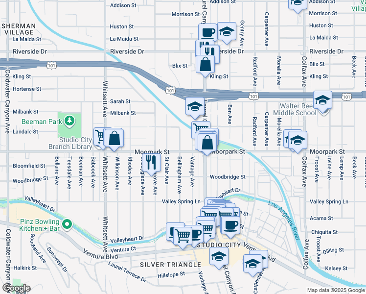 map of restaurants, bars, coffee shops, grocery stores, and more near 12143 Moorpark Street in Los Angeles
