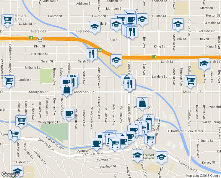map of restaurants, bars, coffee shops, grocery stores, and more near in Los Angeles