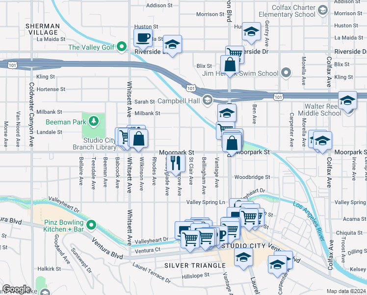 map of restaurants, bars, coffee shops, grocery stores, and more near 12303 Moorpark Street in Los Angeles