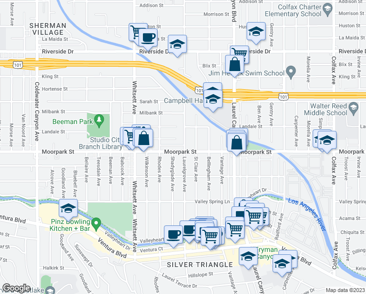 map of restaurants, bars, coffee shops, grocery stores, and more near 12303 Moorpark Street in Los Angeles