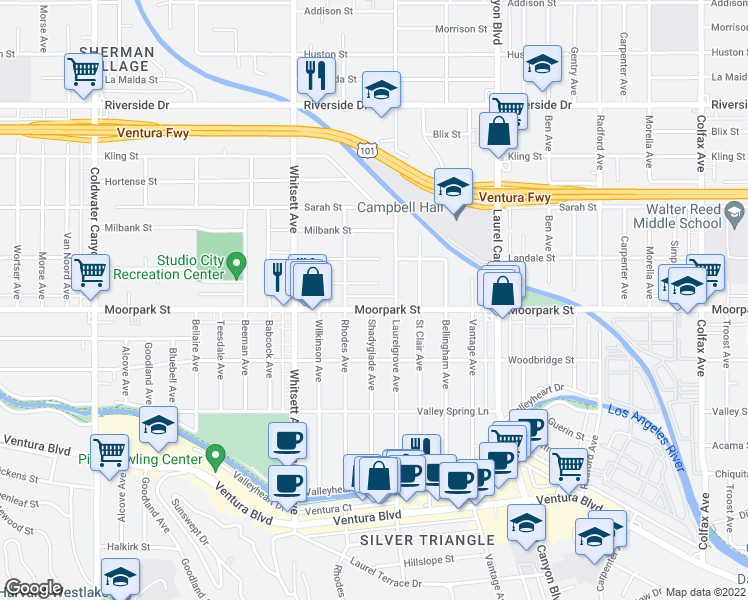 map of restaurants, bars, coffee shops, grocery stores, and more near 12355 Moorpark Street in Los Angeles