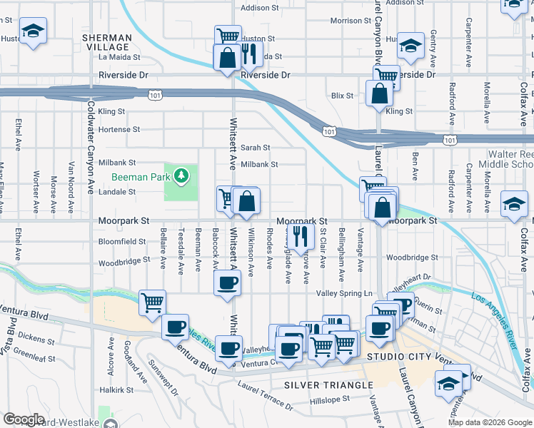 map of restaurants, bars, coffee shops, grocery stores, and more near 12355 Moorpark Street in Los Angeles