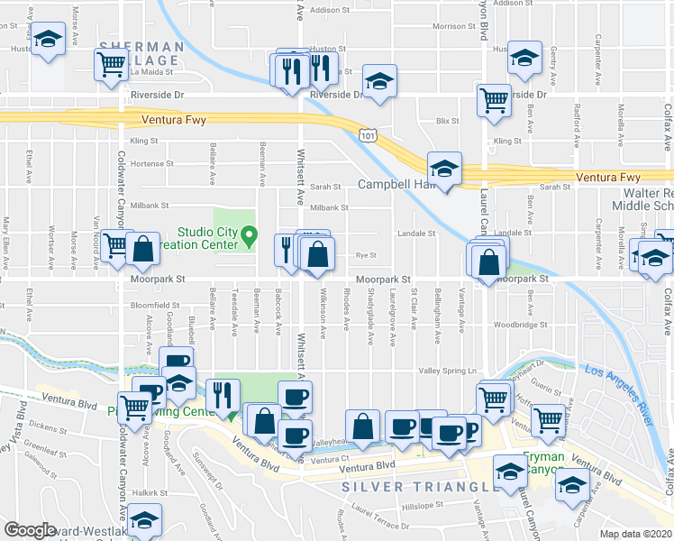 map of restaurants, bars, coffee shops, grocery stores, and more near 12433 Moorpark Street in Los Angeles