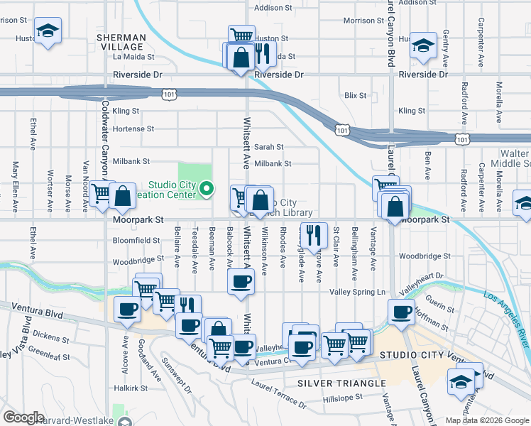 map of restaurants, bars, coffee shops, grocery stores, and more near 12433 Moorpark Street in Los Angeles