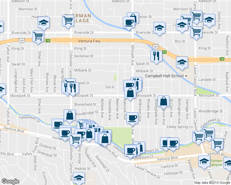 map of restaurants, bars, coffee shops, grocery stores, and more near 4400 Beeman Avenue in Los Angeles