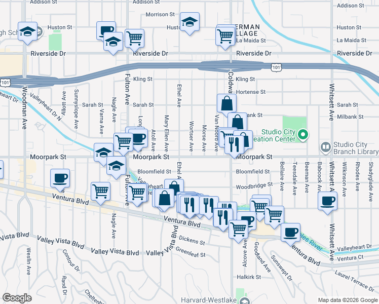 map of restaurants, bars, coffee shops, grocery stores, and more near 13041 Moorpark Street in Los Angeles