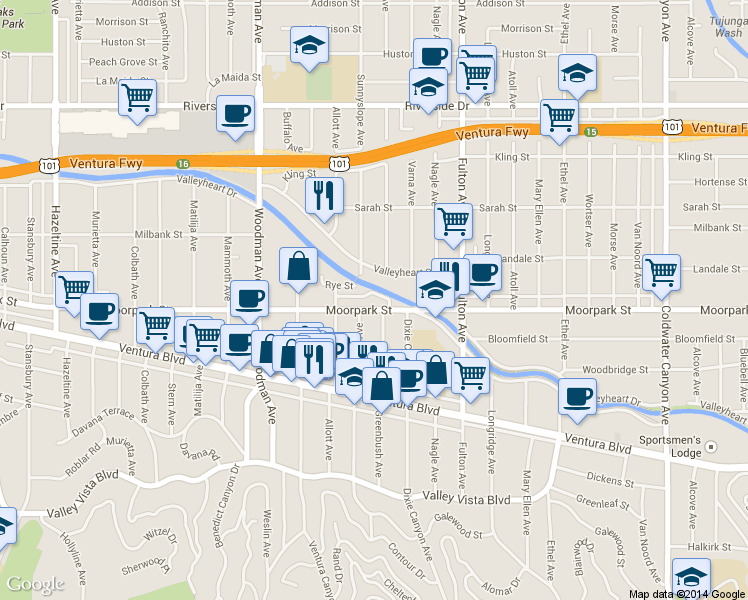 map of restaurants, bars, coffee shops, grocery stores, and more near 13443 Moorpark Street in Los Angeles