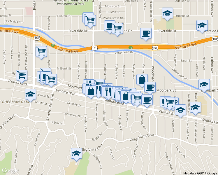 map of restaurants, bars, coffee shops, grocery stores, and more near 13951 Moorpark Street in Los Angeles