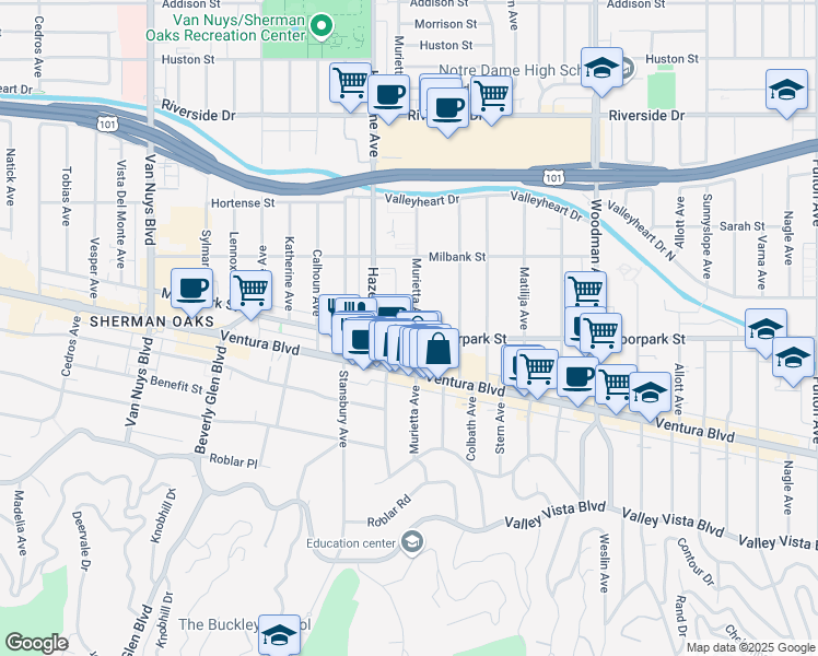 map of restaurants, bars, coffee shops, grocery stores, and more near 14025 Moorpark Street in Los Angeles