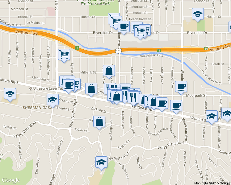 map of restaurants, bars, coffee shops, grocery stores, and more near 14049 Ventura Boulevard in Los Angeles