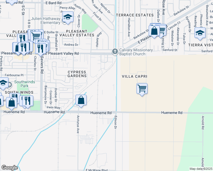 map of restaurants, bars, coffee shops, grocery stores, and more near 5351 Edison Drive in Oxnard