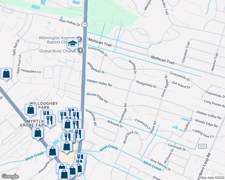 map of restaurants, bars, coffee shops, grocery stores, and more near 617 Hidden Valley Road in Wilmington