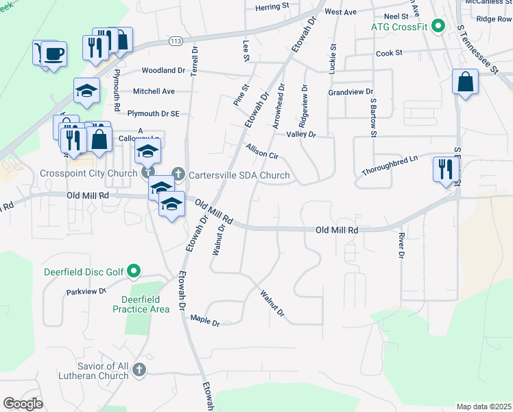 map of restaurants, bars, coffee shops, grocery stores, and more near 118 Arrowhead Drive in Cartersville