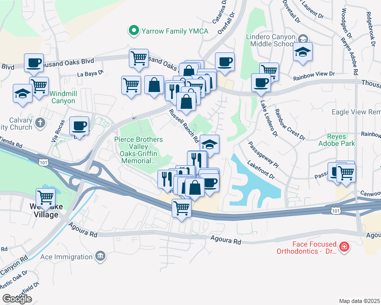 map of restaurants, bars, coffee shops, grocery stores, and more near 30699 Russell Ranch Road in Westlake Village